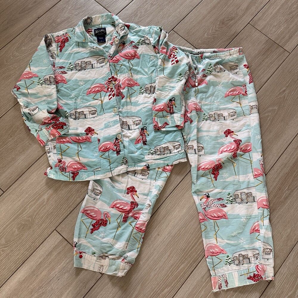 Nick & Nora Flannel Pajamas Medium Flamingos Trailer Airstream Camper Top Pants